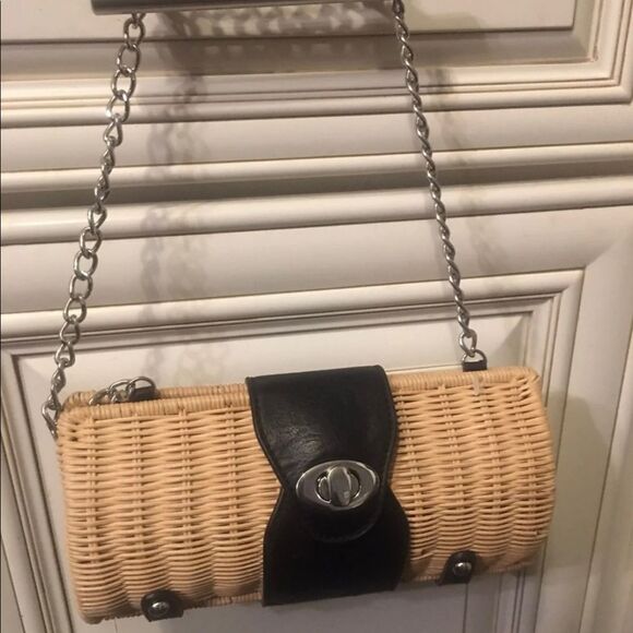 Rattan Leather with Natural Straw Rattan Basket Clutch - Picture 1 of 7
